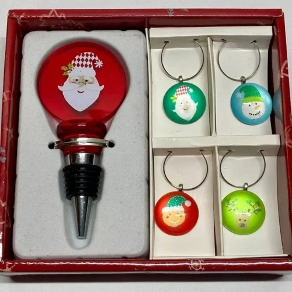 Holiday‎ Cheer Christmas Wine Set 4 Charms 1 Stopper Fresh Decor Celebrate IOB